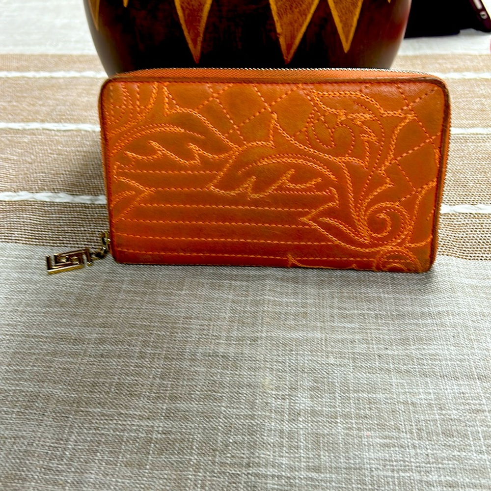 Versace Orange Quilted Wallet with Embroidered Design